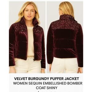 Anthropologie Vera Sequined Velvet Puffer Jacket Coat Purple Wine SZ Large
